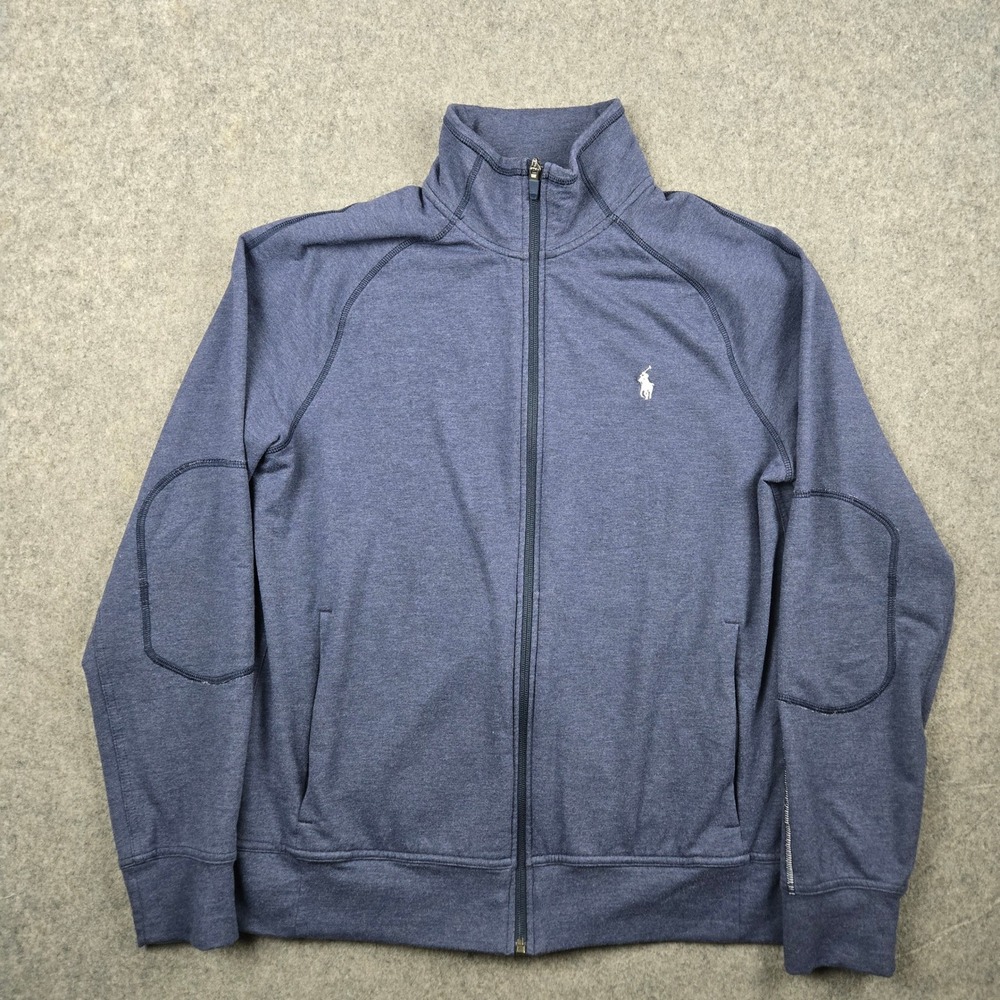 Polo Ralph Lauren Track Jacket Mens Medium Blue Full Zip Elbow Patch Performance - Picture 2 of 8